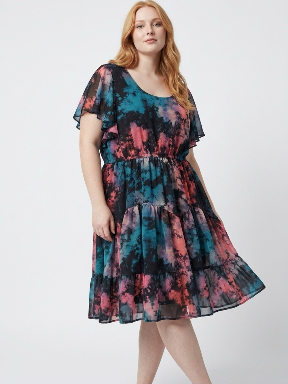 torrid Tie-Dye Tiered Midi Dress - Black Teal Pink